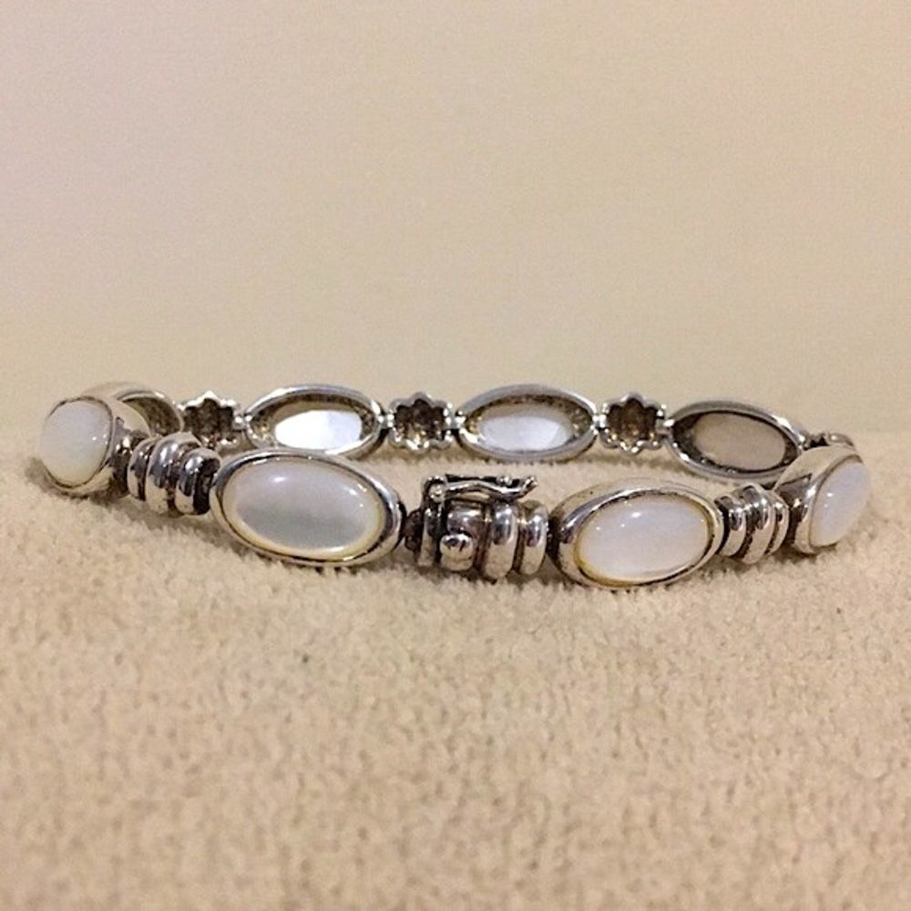 Vintage Mother of Pearl Cabochon Sterling Silver 925 Bracelet - Picture 8 of 12